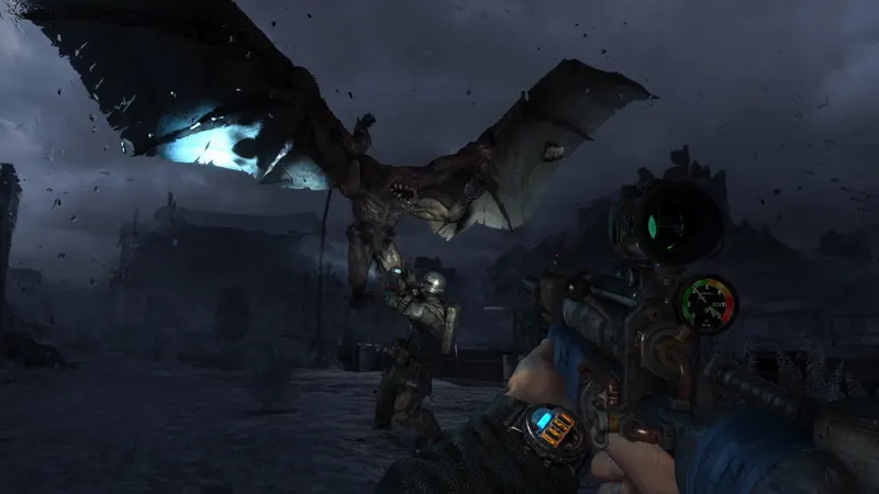 Winged mutant attacking a ranger in Metro 2033 Redux