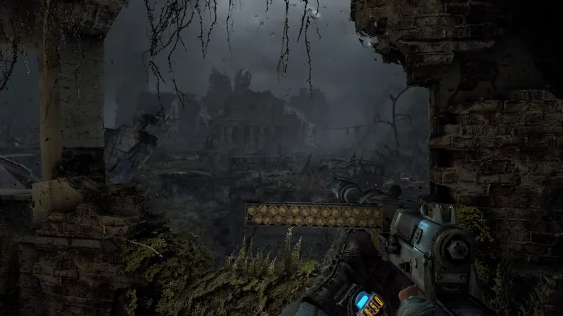 Rifle view across ruined buildings in Metro Last Light Redux