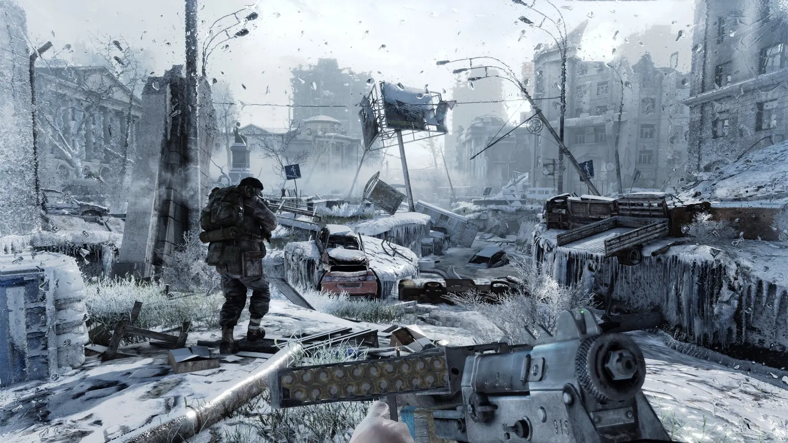 A ranger walks across snow-covered Moscow ruins in Metro 2033 Redux