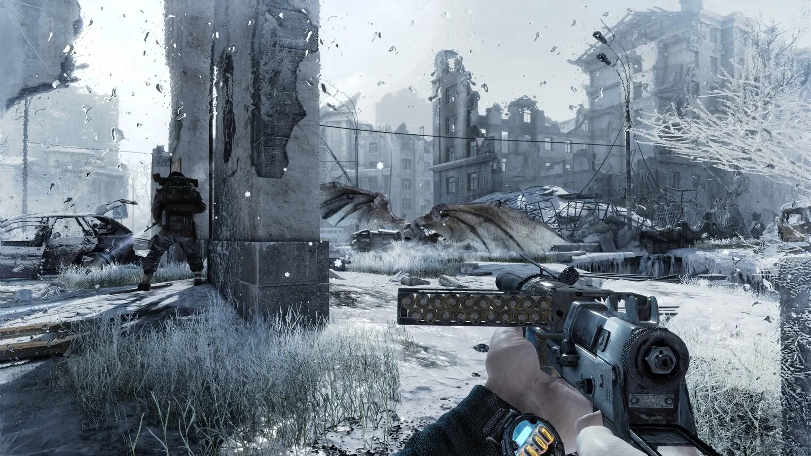 A winged mutant lands near a ranger in snowy Metro 2033 Redux ruins
