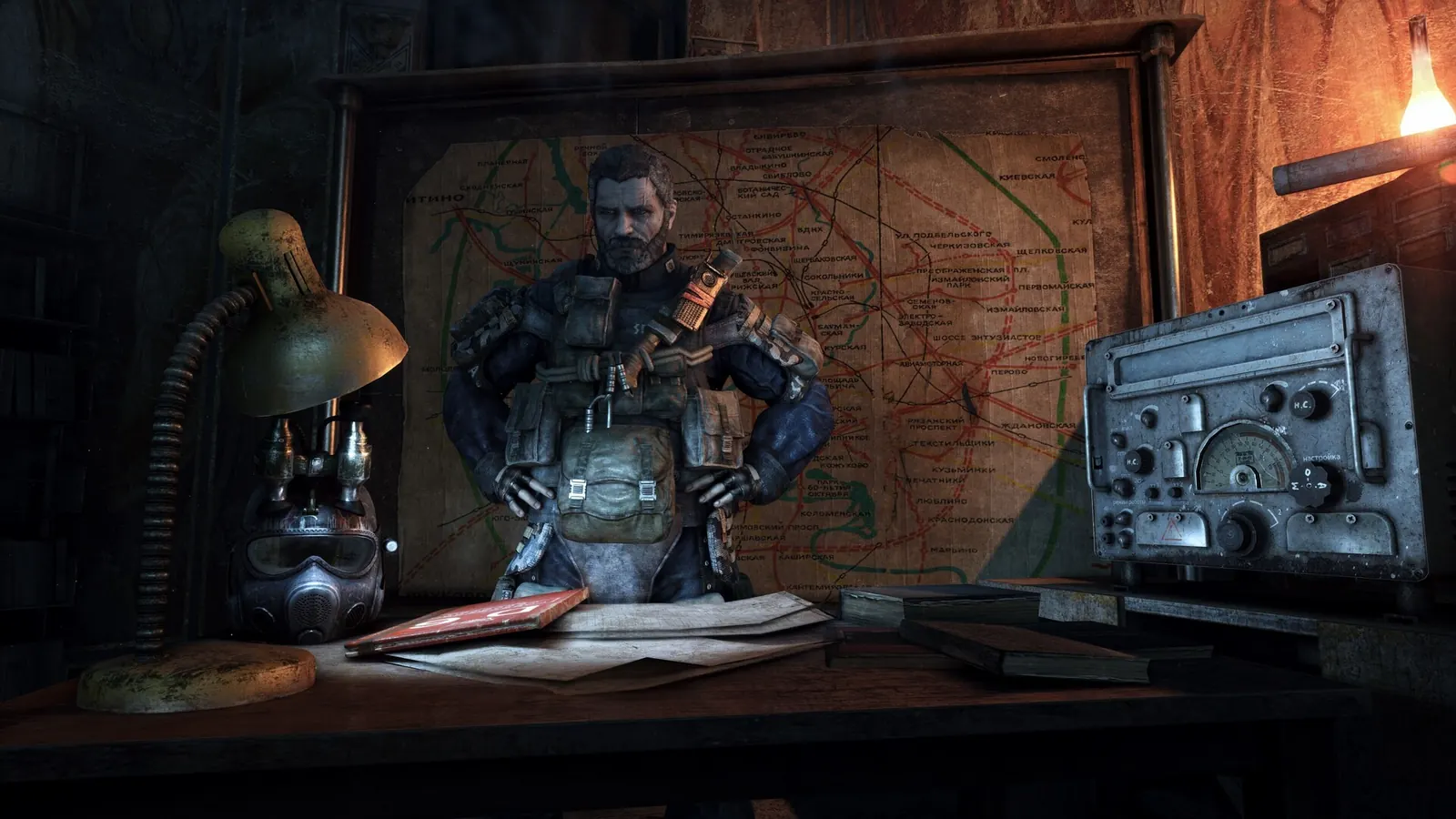 A ranger stands behind a desk with a Metro map and radio in Metro 2033 Redux