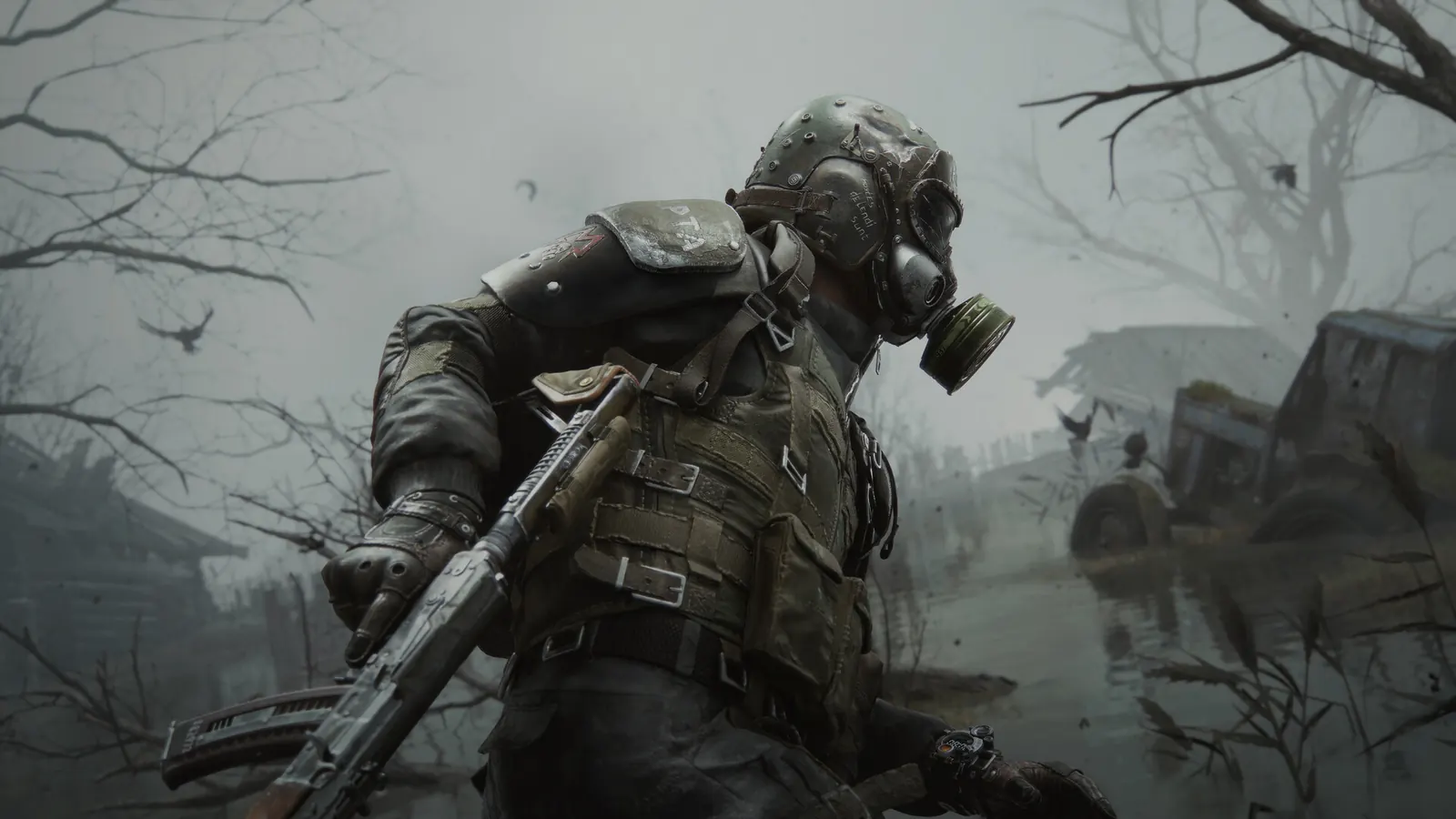 An armored gas-masked ranger in a ruined Metro 2039 city