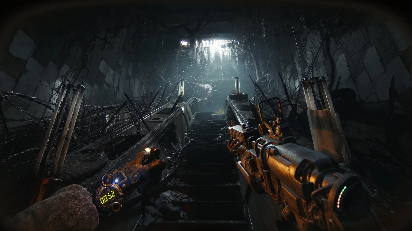 First-person rifle and lighter facing a damaged escalator in Metro 2039