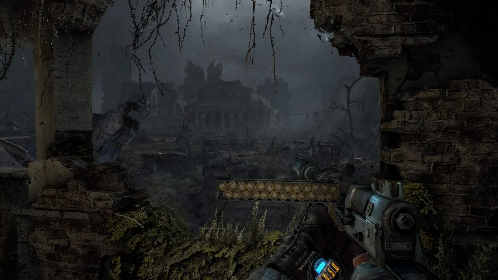 First-person rifle view overlooking overgrown ruins in Metro Last Light Redux