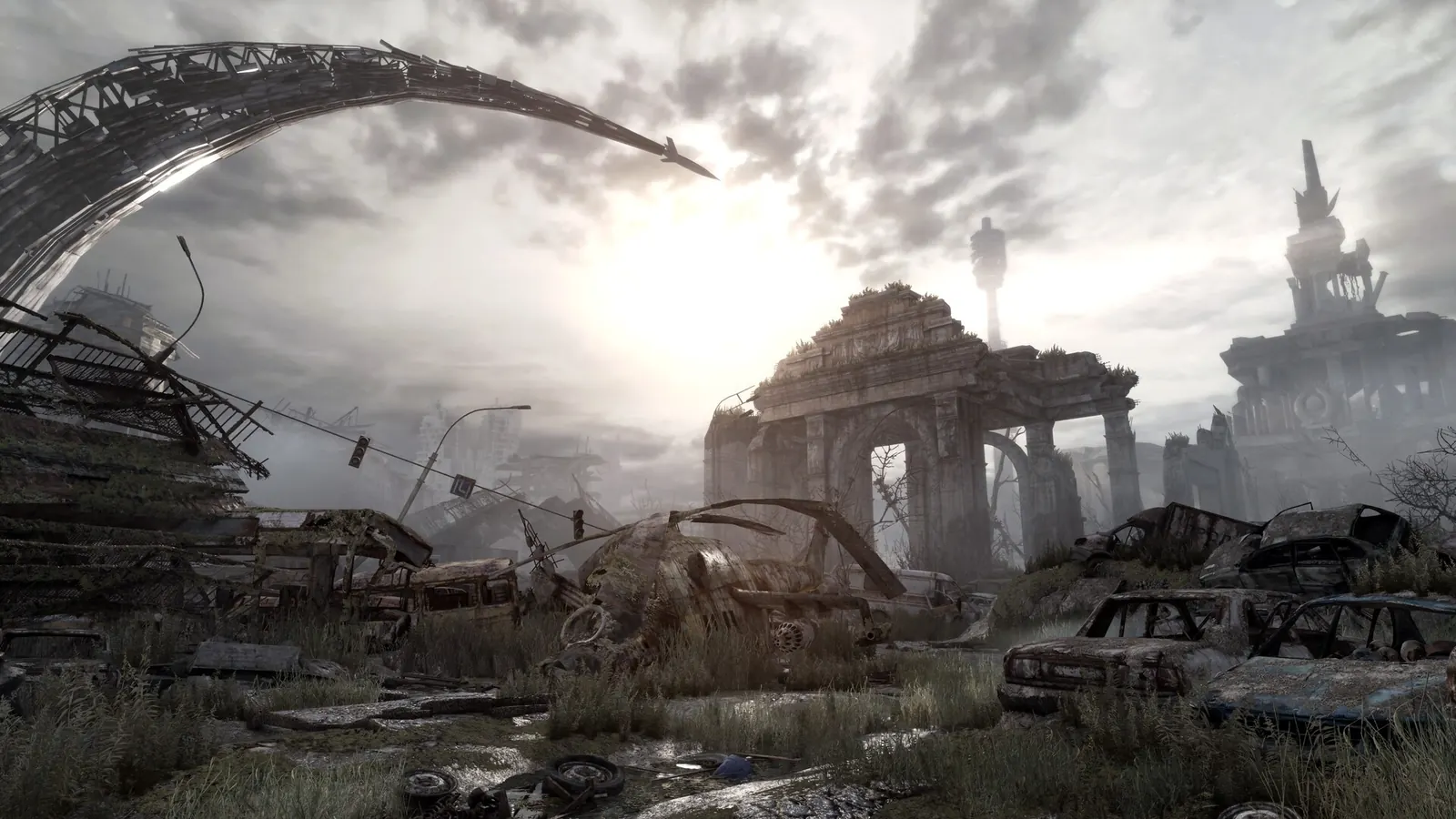 Abandoned vehicles and a crashed aircraft beside ruined arches in Metro Last Light Redux